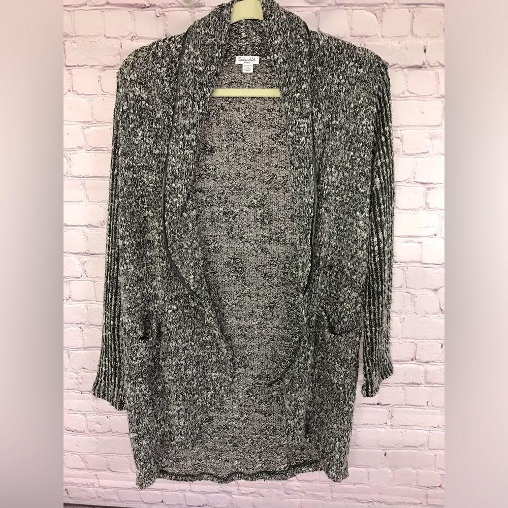 Splendid Open Knit Black White Texture Cardigan Faux Leather Trim Shawl Collar S